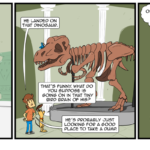 A bird gets into a museum to offer a sacrifice to a dinosaur skeleton. by Josh Davenport