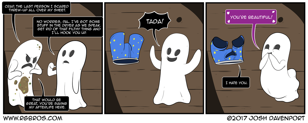 A ghost with a dirty sheet gets help from a friend. by Josh Davenport