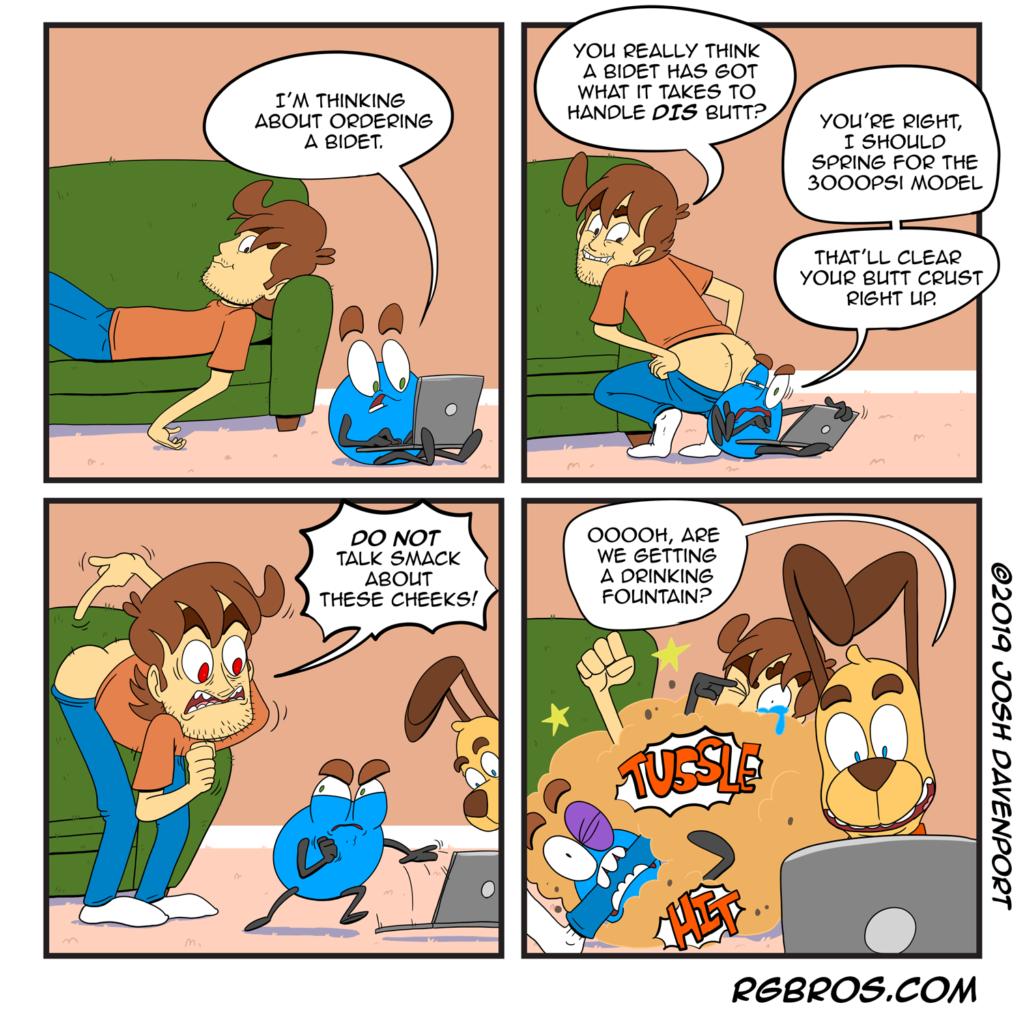 RGBros comic where Reggie and Baxter have a fight over a bidet. by Josh Davenport