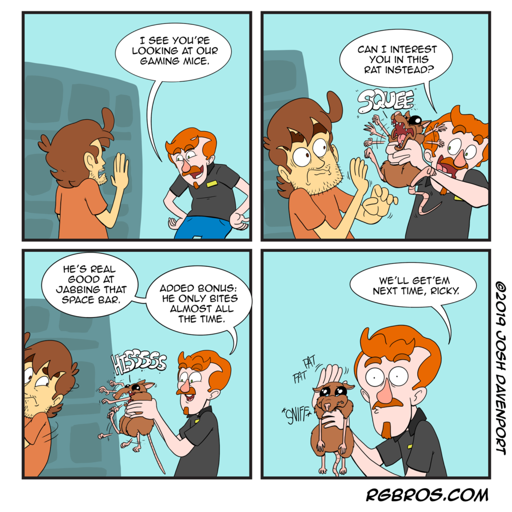 RGBros comic where Reggie is presented with a rat instead of a computer mouse. by Josh Davenport