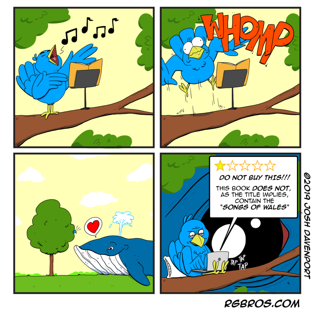 RGBros comic where a bird attracts a whale by singing the wrong song. by Josh Davenport