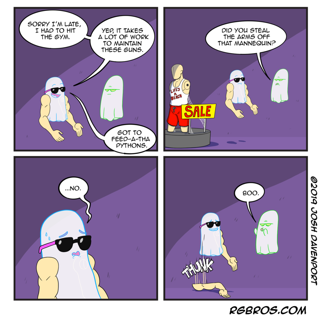 RGBros comic where a ghost tries to pass mannequin arms off as sick gains. by Josh Davenport