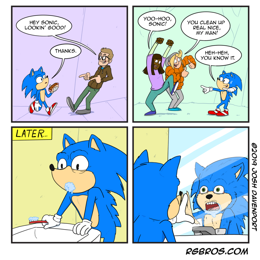 RGBros comic where Sonic the Hedgehog contemplates his looks. by Josh Davenport