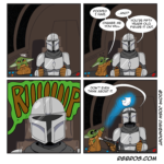 RGBros comic where the Mandalorian learns to live with a baby Yoda. by Josh Davenport