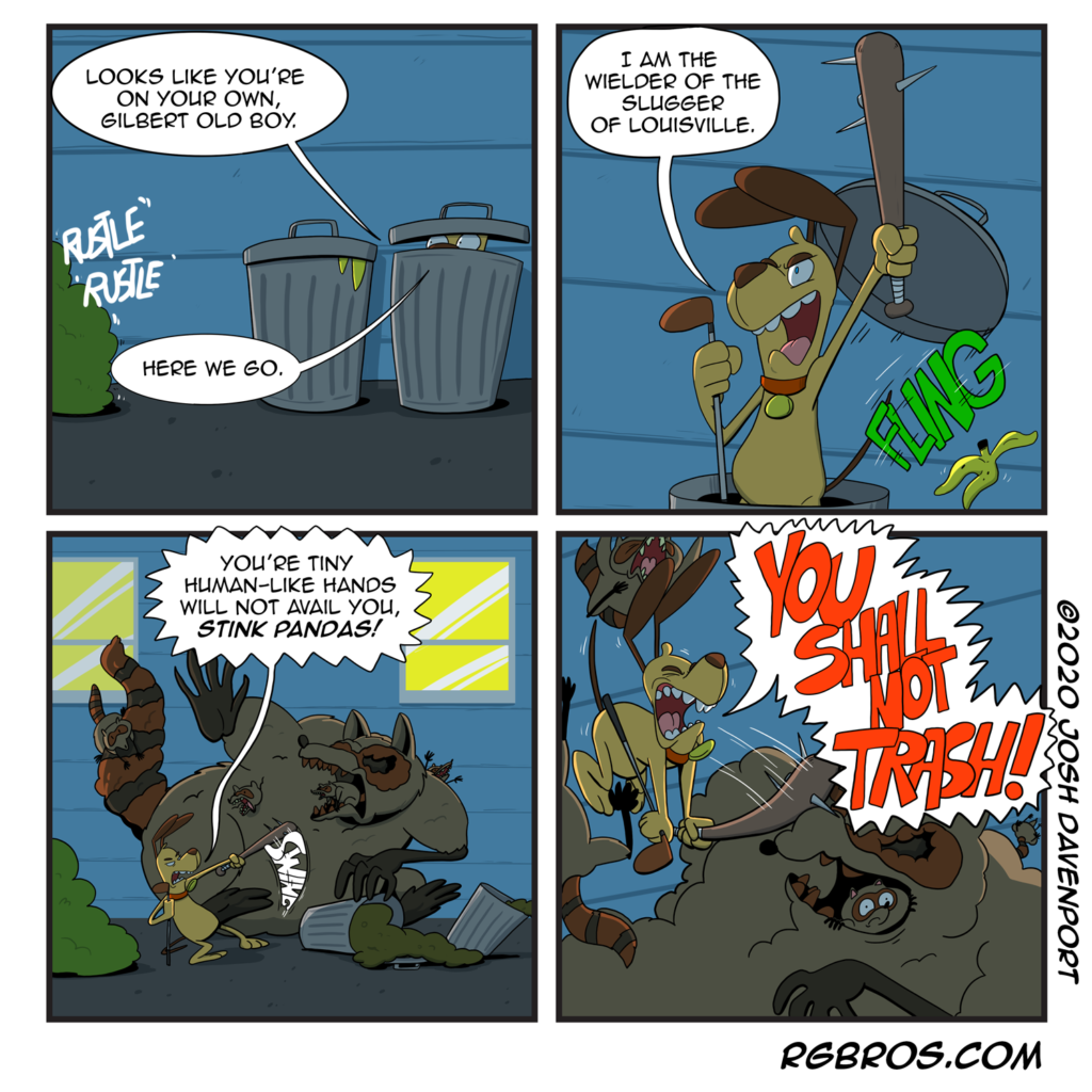 RGBros comic where Gilbert faces a pile of raccoons. by Josh Davenport.