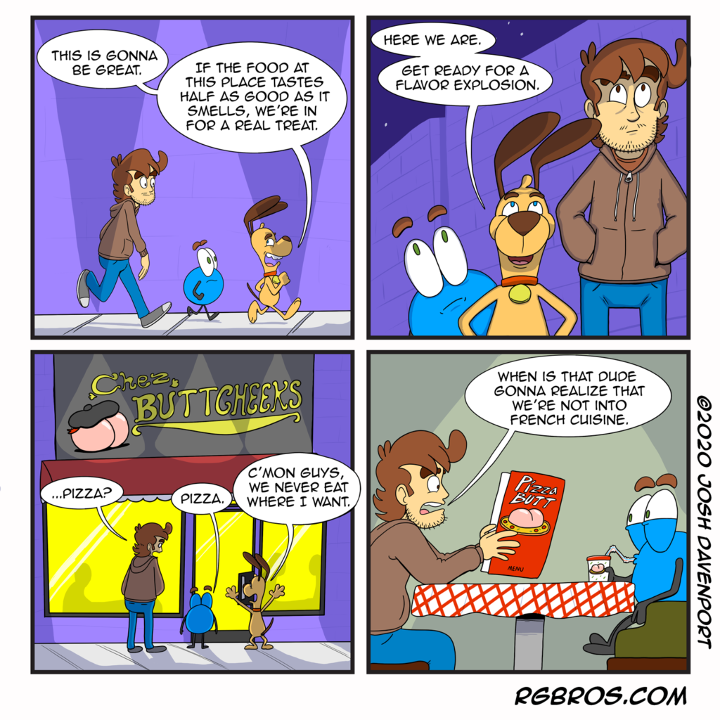 RGBros comic where Gilbert trys to get Reggie and Baxter to try a new restaurant. by Josh Davenport