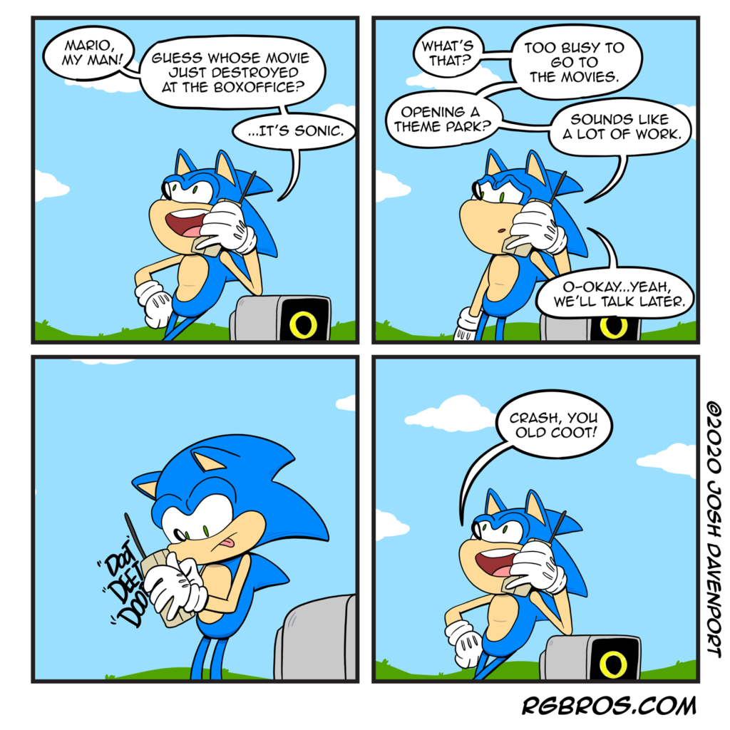 RGBros comic where Sonic the Hedgehog brags about his movie. by Josh Davenport